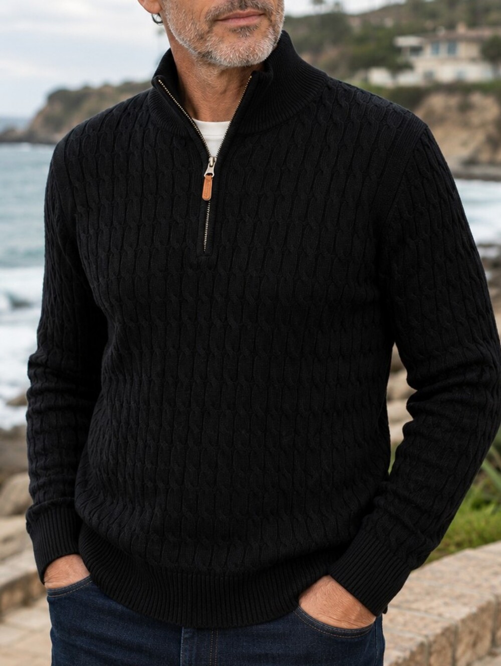 Askdeer Men’s Black Cable Knit Sweater Size L – Modern Zip Up Pullover